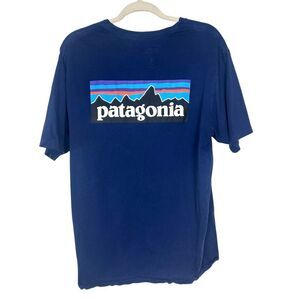 Patagonia T-shirt Mens Medium Blue Organic Cotton big Logo Graphic Crew Neck